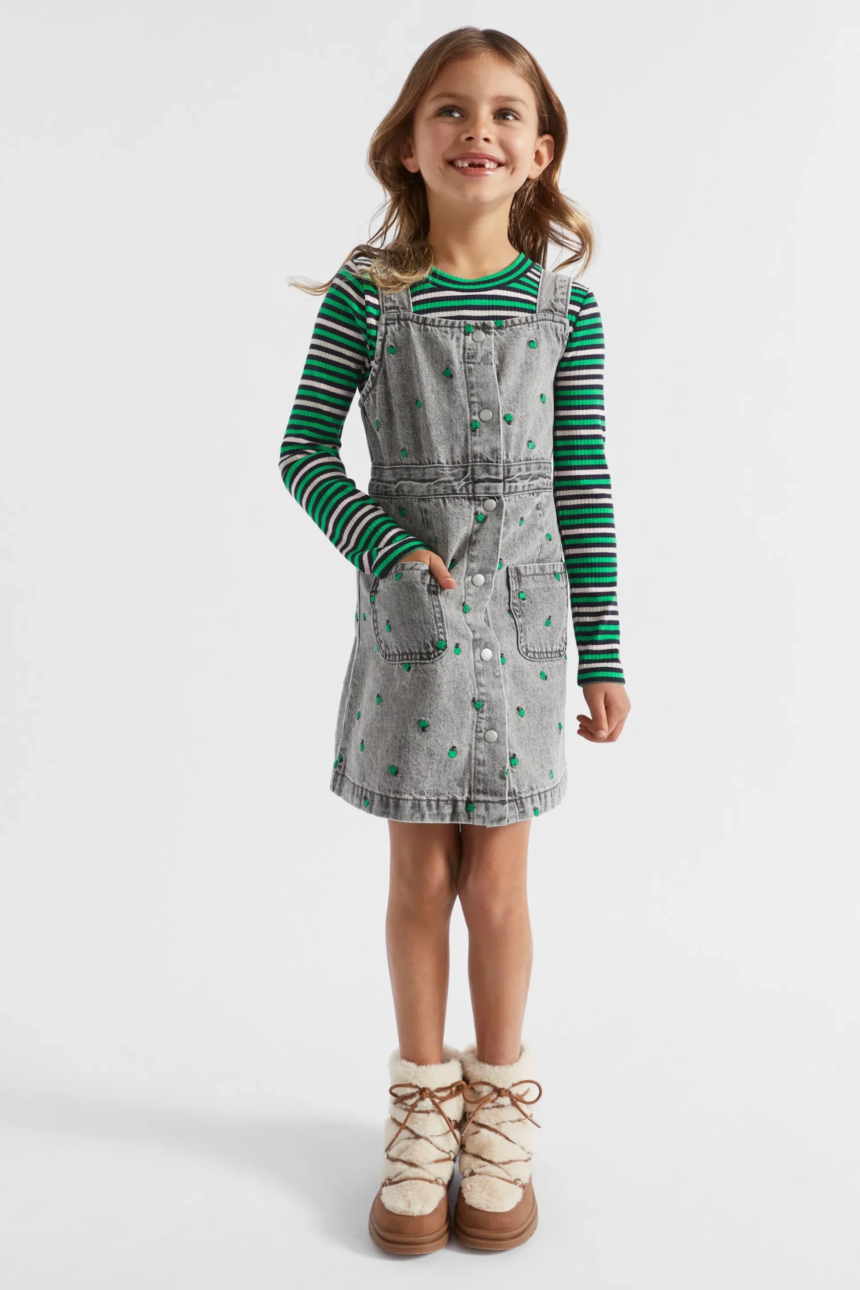 Seed Heritage Dresses-Apple Embroidered Pinafore Slate Wash