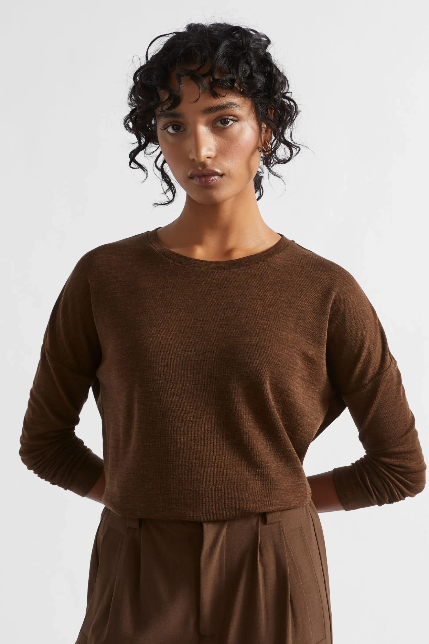 Seed Heritage Knitwear & Sweaters-Babywool Curve Hem Top Hot Chocolate Marle