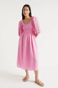 Seed Heritage Dresses-Broderie Shirred Midi Dress Soft Orchid
