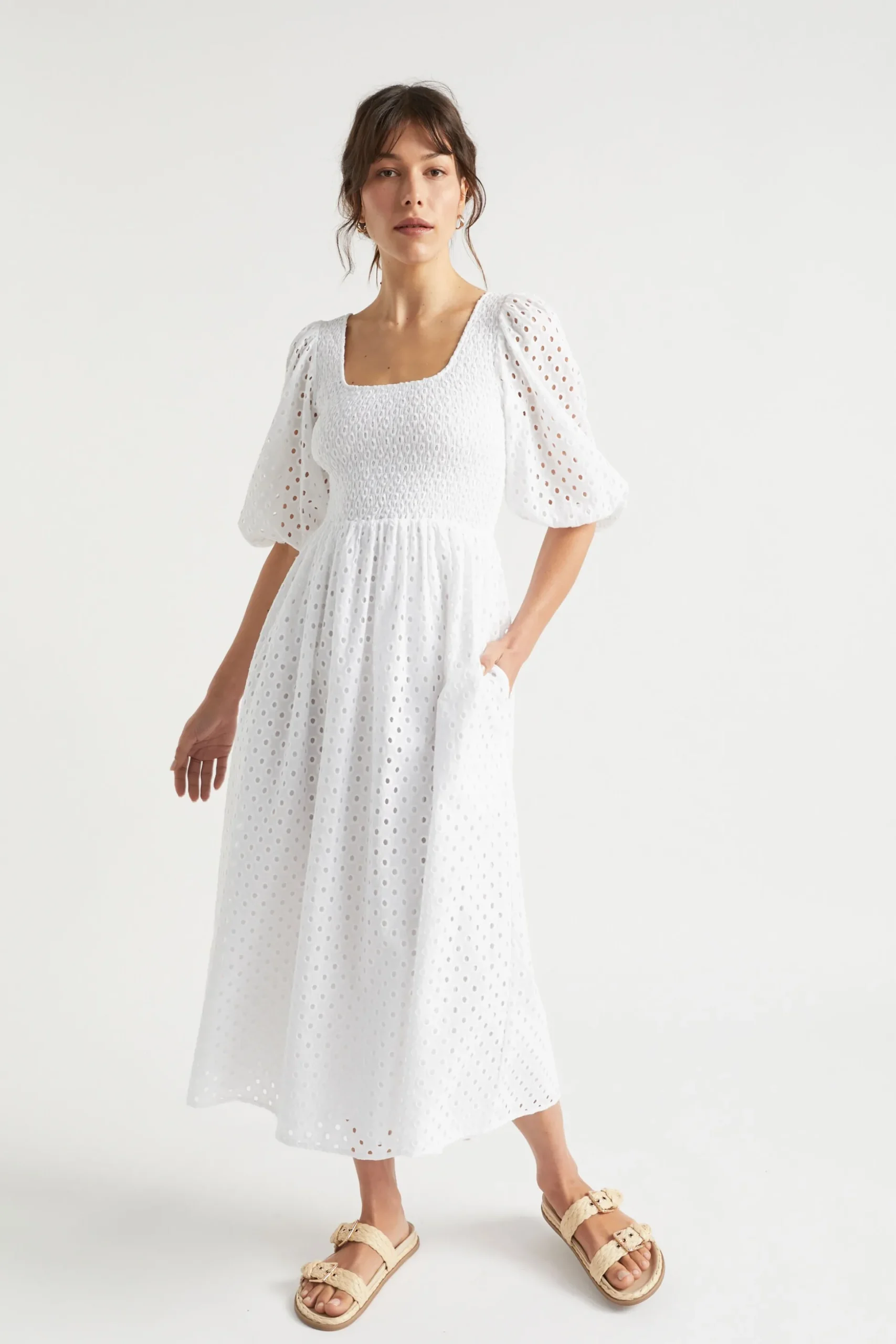 Seed Heritage Dresses-Broderie Shirred Midi Dress Whisper White