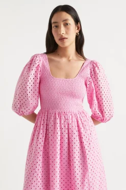 Seed Heritage Dresses-Broderie Shirred Midi Dress Soft Orchid