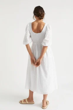 Seed Heritage Dresses-Broderie Shirred Midi Dress Whisper White