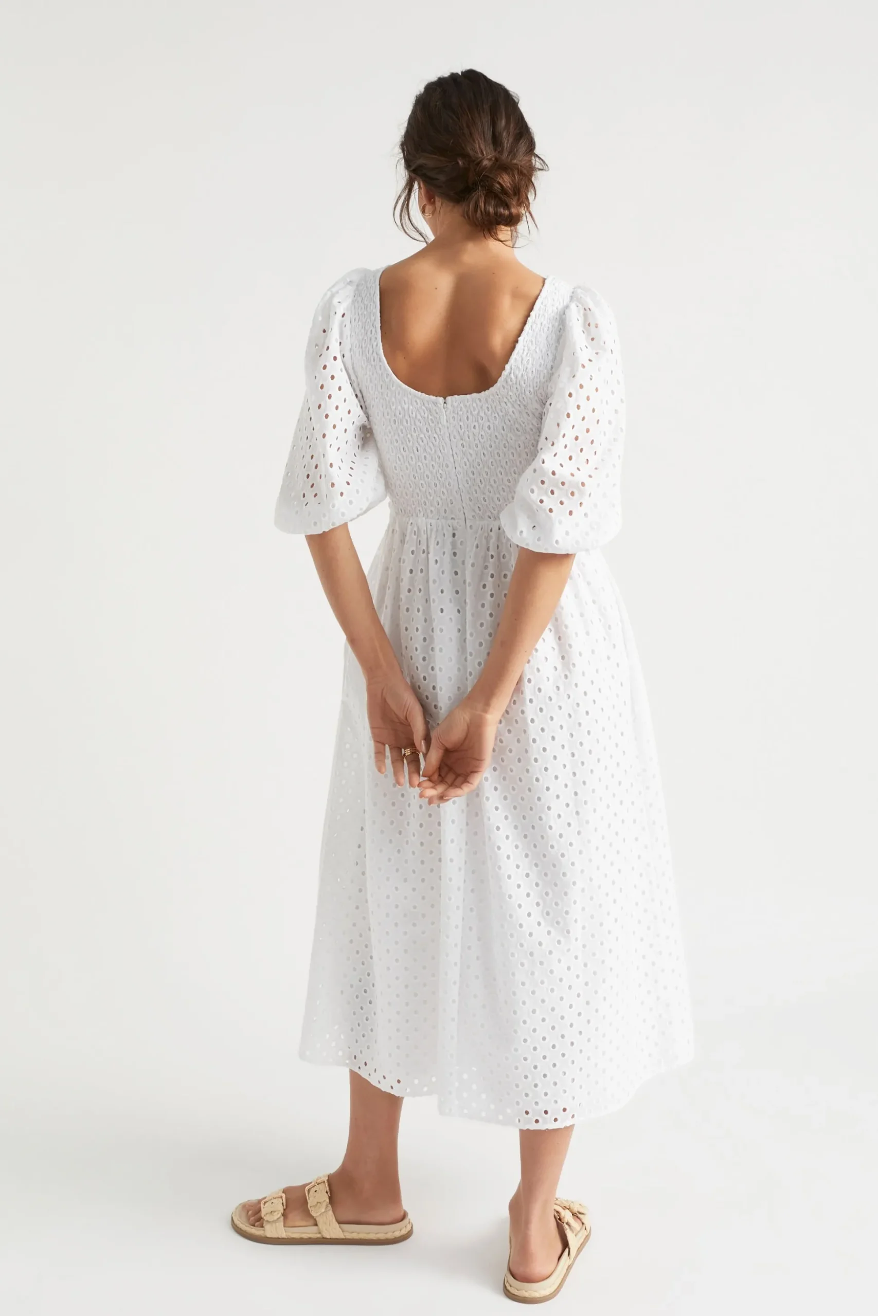 Seed Heritage Dresses-Broderie Shirred Midi Dress Whisper White