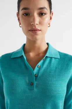 Seed Heritage Knitwear & Sweaters-Button Down Polo Knit Peacock Blue Marle