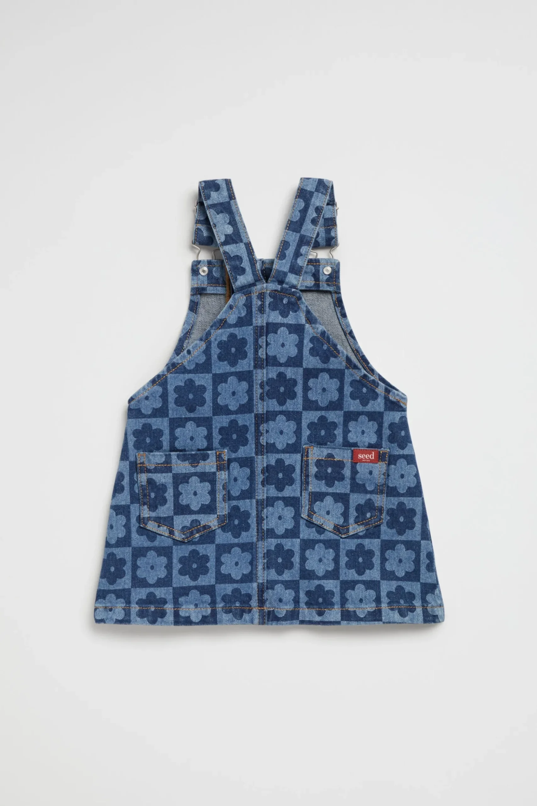 Seed Heritage Dresses-Checked Denim Pinafore Indigo