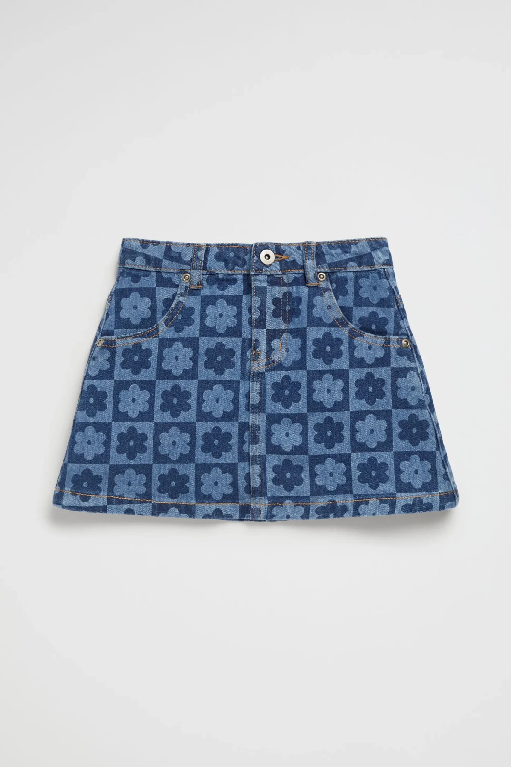 Seed Heritage Skirts-Checked Denim Skirt Indigo