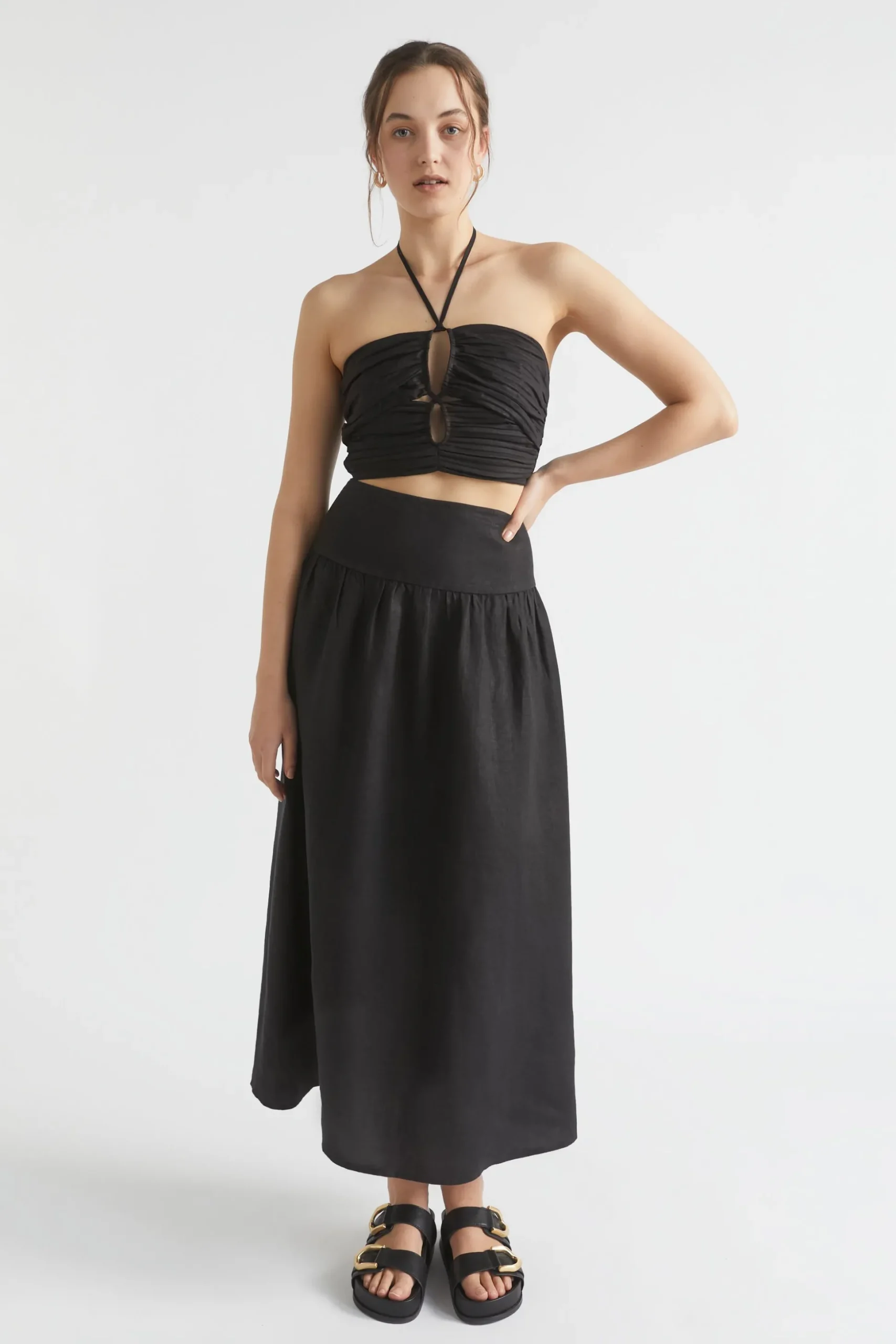 Seed Heritage Skirts-Core Linen Gathered Maxi Skirt Black
