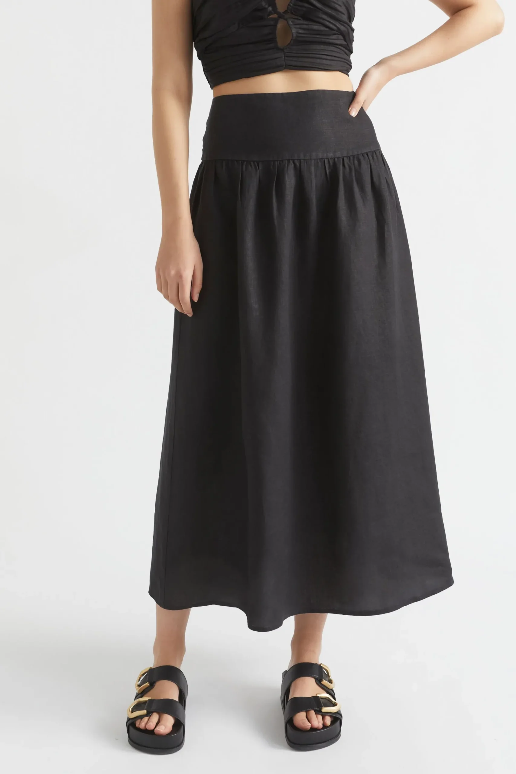 Seed Heritage Skirts-Core Linen Gathered Maxi Skirt Black