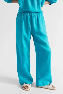 Seed Heritage Pants-Core Linen Wide Leg Tie Pant Peacock Blue