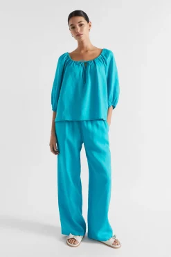 Seed Heritage Pants-Core Linen Wide Leg Tie Pant Peacock Blue
