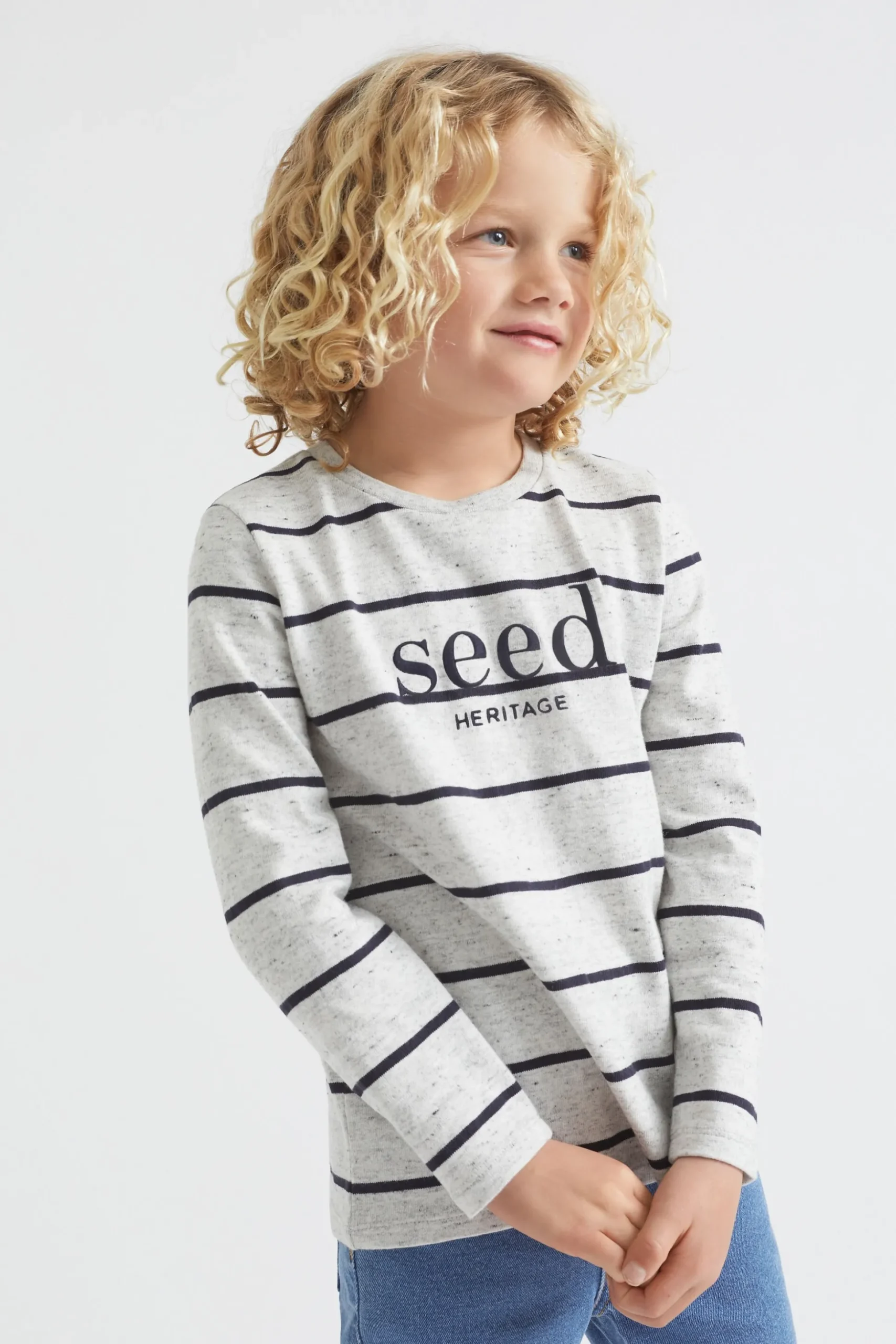 Seed Heritage T-Shirts & Tops-Core Logo Rugby Tee Cloudy Marle Stripe