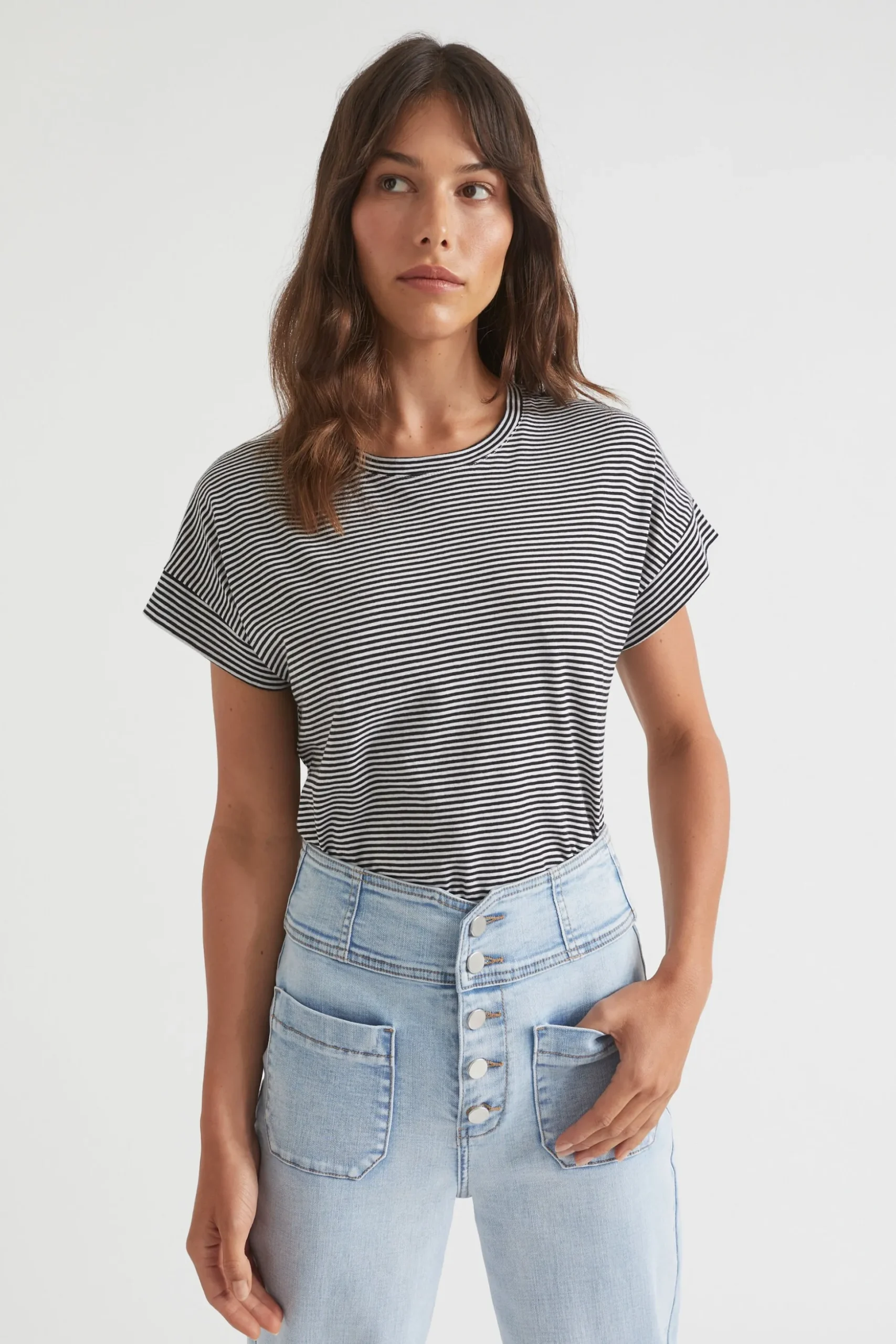 Seed Heritage T-Shirts & Tops-Core Longline Tee Mono Stripe