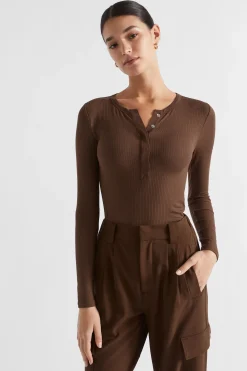 Seed Heritage T-Shirts & Tops-Core Rib Henley Top Hot Chocolate