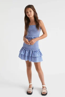 Seed Heritage Dresses-Gingham Frill Dress Cobalt Blue
