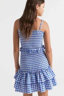 Seed Heritage Dresses-Gingham Frill Dress Cobalt Blue