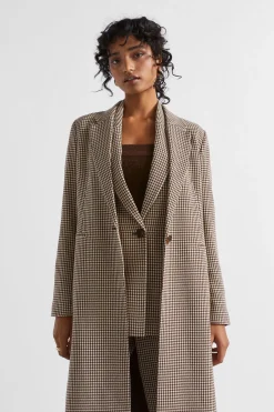 Seed Heritage Jackets & Vests-Houndstooth Longline Suiting Coat Hot Chocolate Houndstooth