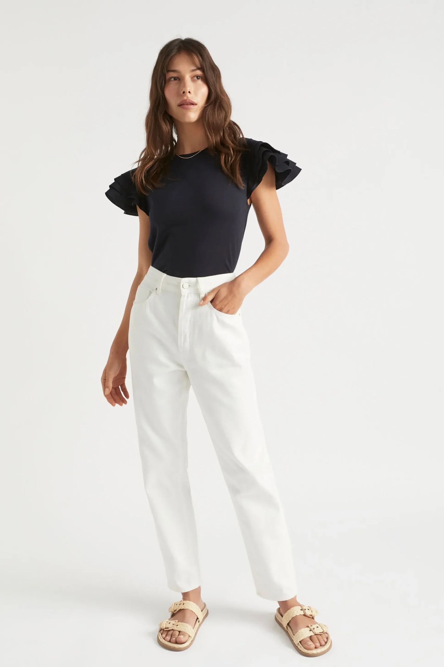 Seed Heritage T-Shirts & Tops-Layered Flutter Sleeve Tee Deep Navy