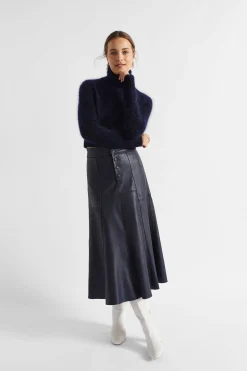 Seed Heritage Skirts-Leather Button Midi Skirt Midnight Sky