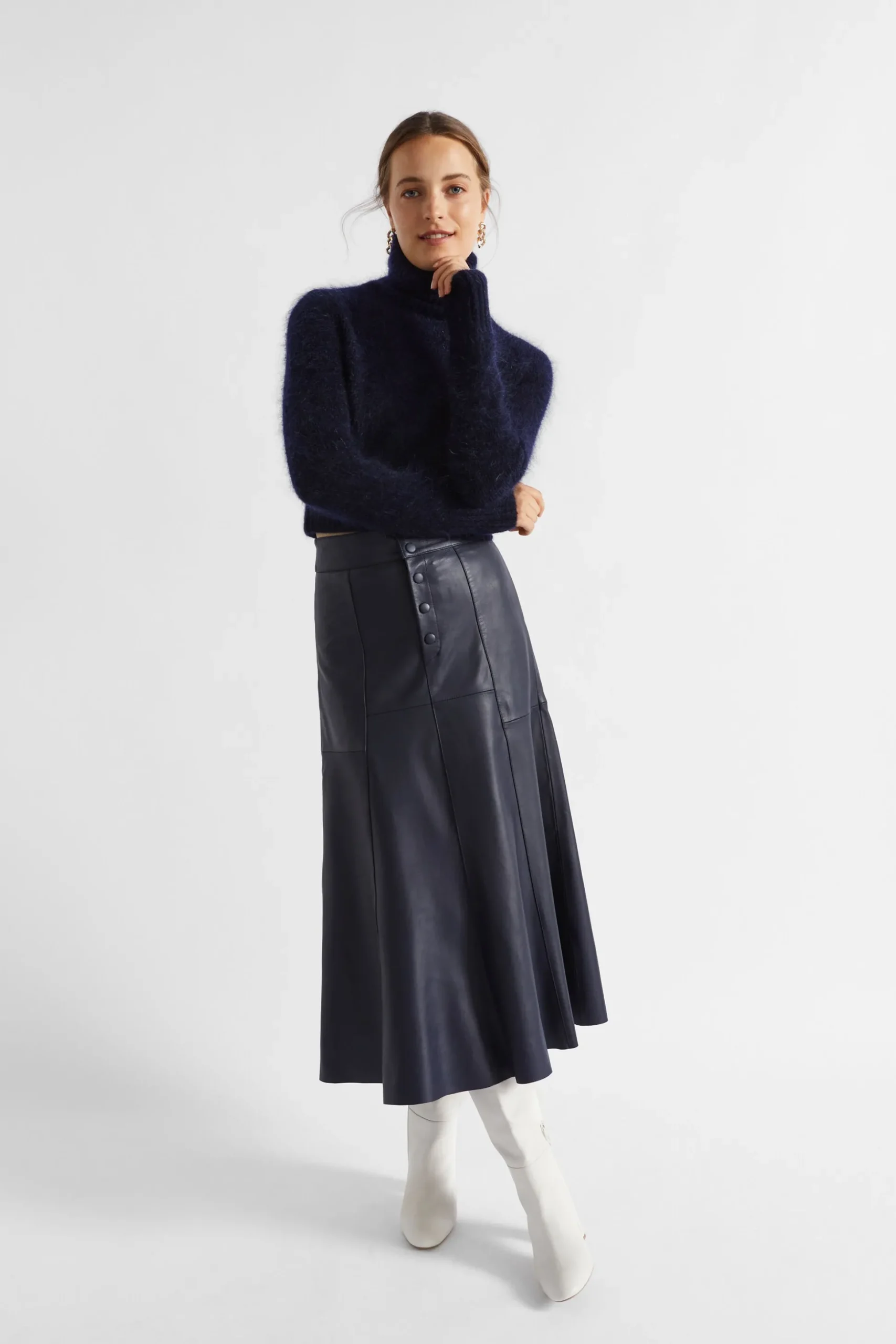 Seed Heritage Skirts-Leather Button Midi Skirt Midnight Sky