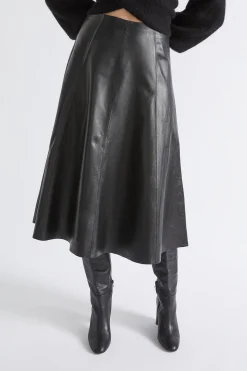 Seed Heritage Skirts-Leather Midi Circle Skirt Black