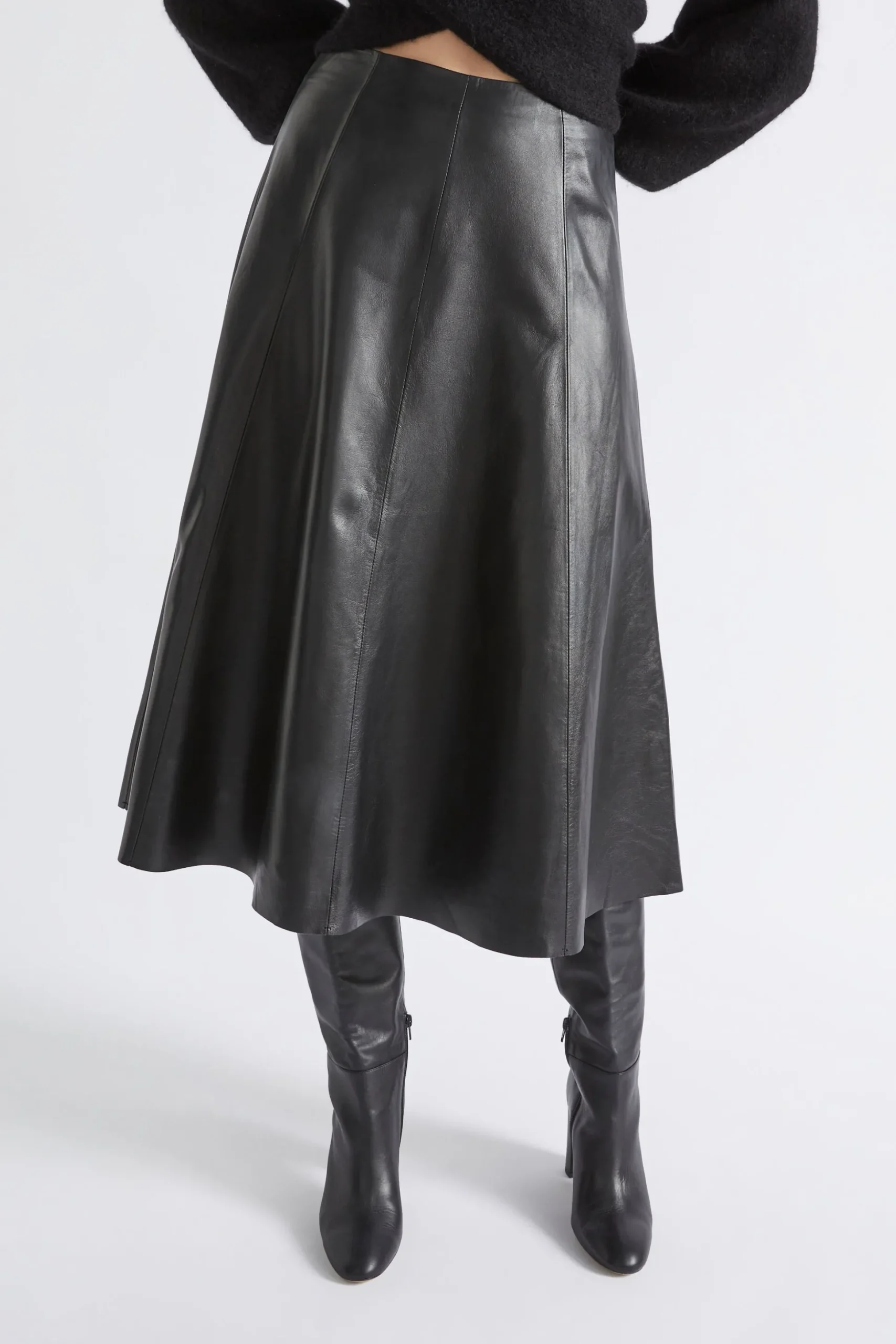 Seed Heritage Skirts-Leather Midi Circle Skirt Black