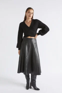 Seed Heritage Skirts-Leather Midi Circle Skirt Black