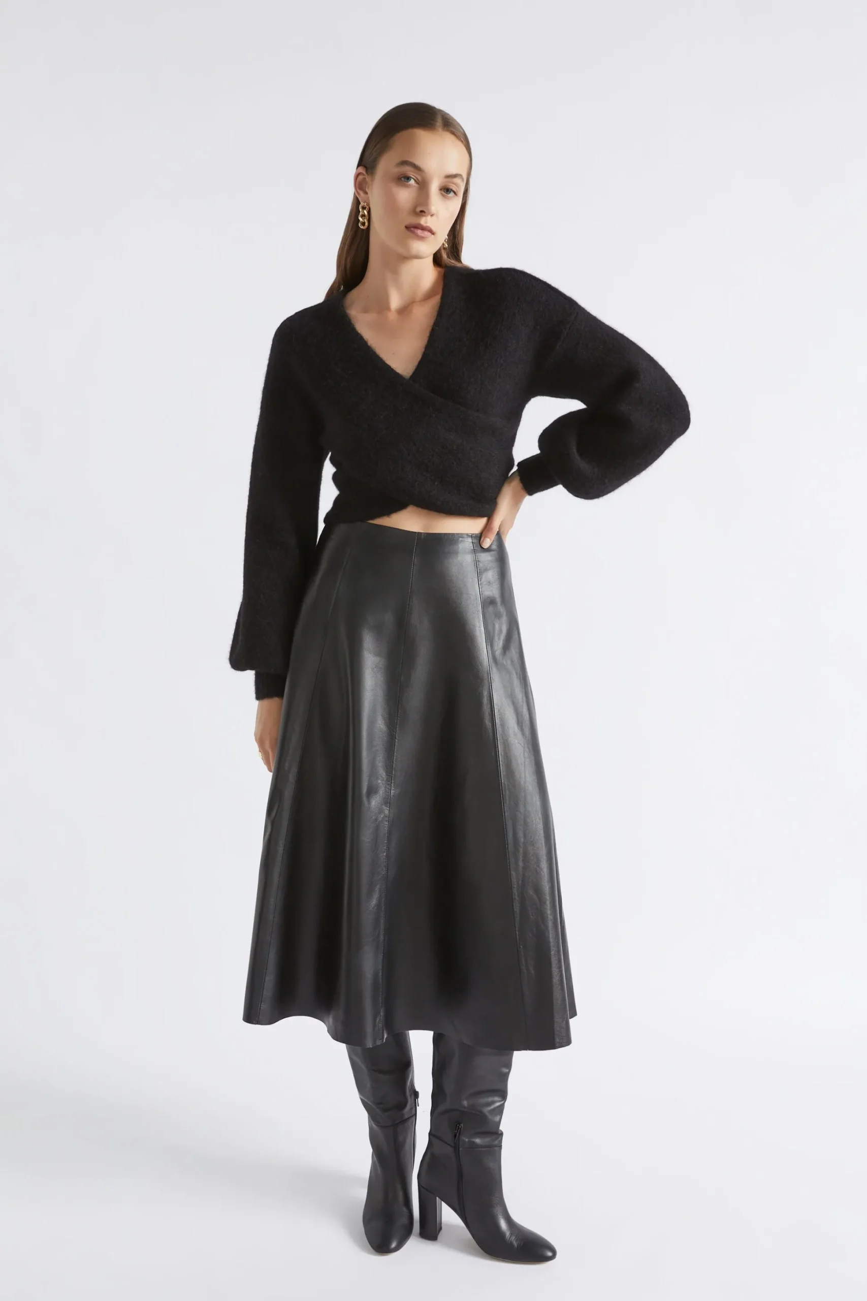 Seed Heritage Skirts-Leather Midi Circle Skirt Black