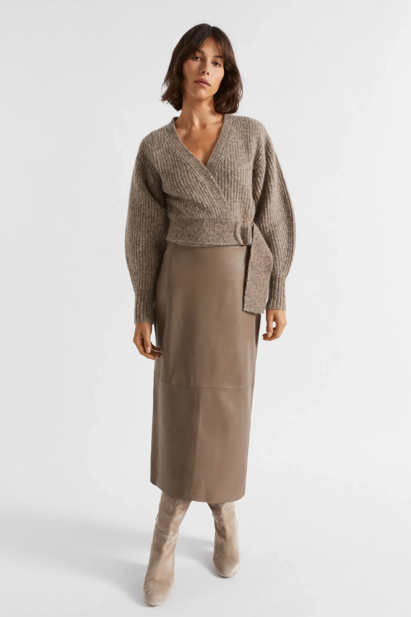 Seed Heritage Skirts-Leather Straight Midi Skirt Hazel