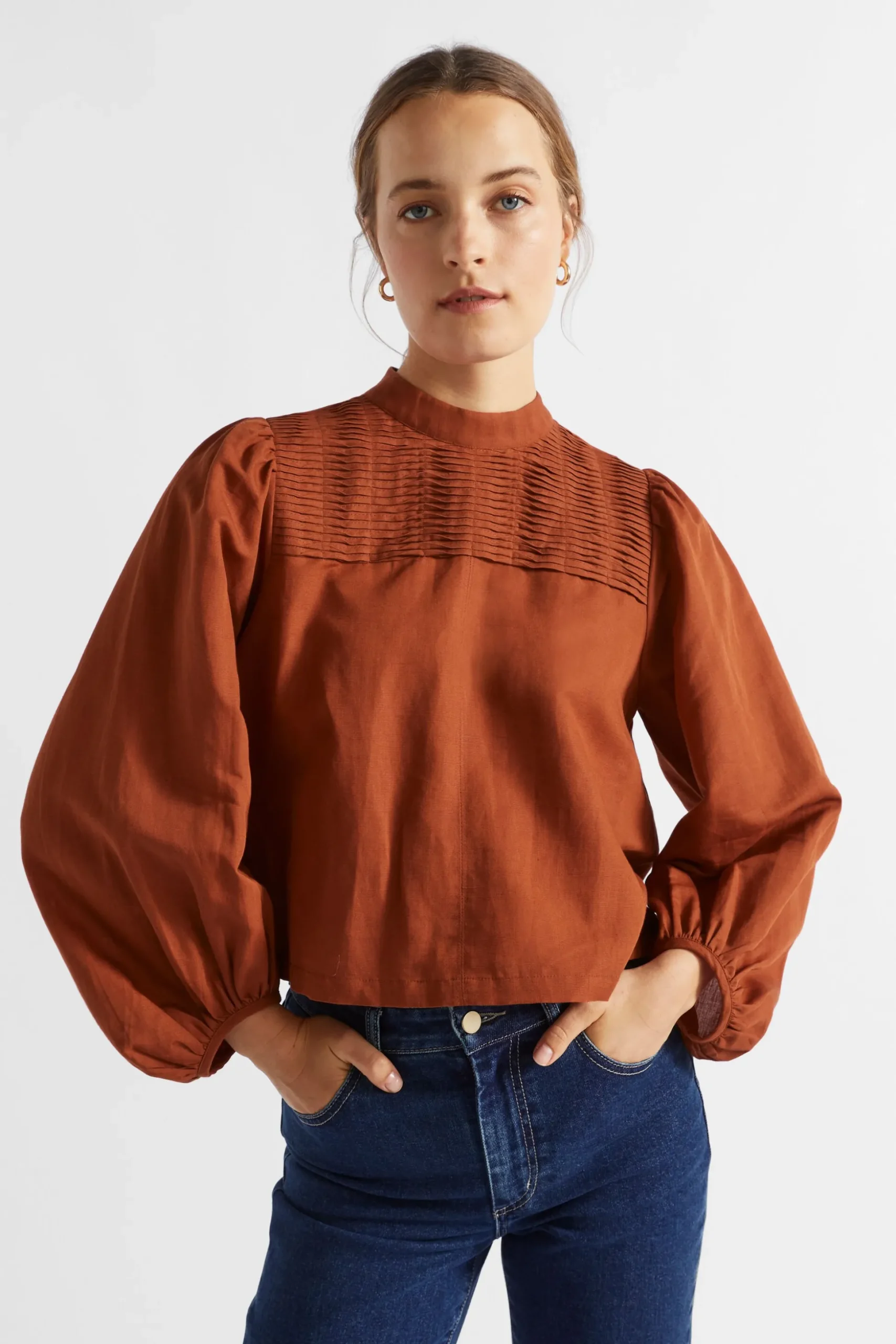 Seed Heritage T-Shirts & Tops-Linen Blend Pintuck Blouse Burnt Brick