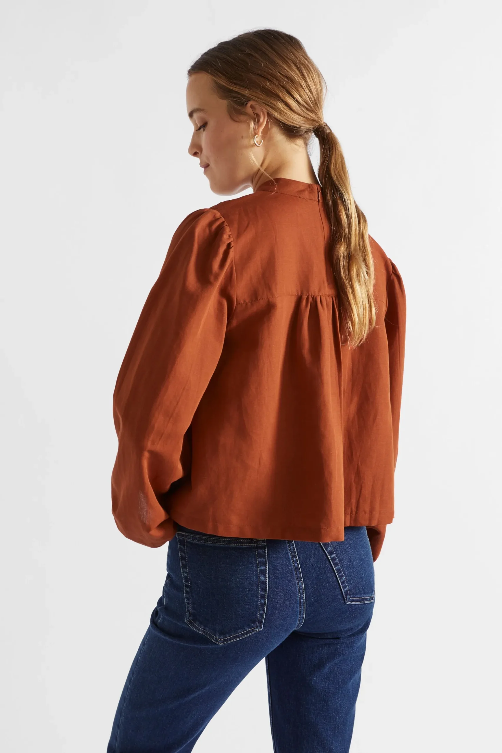 Seed Heritage T-Shirts & Tops-Linen Blend Pintuck Blouse Burnt Brick