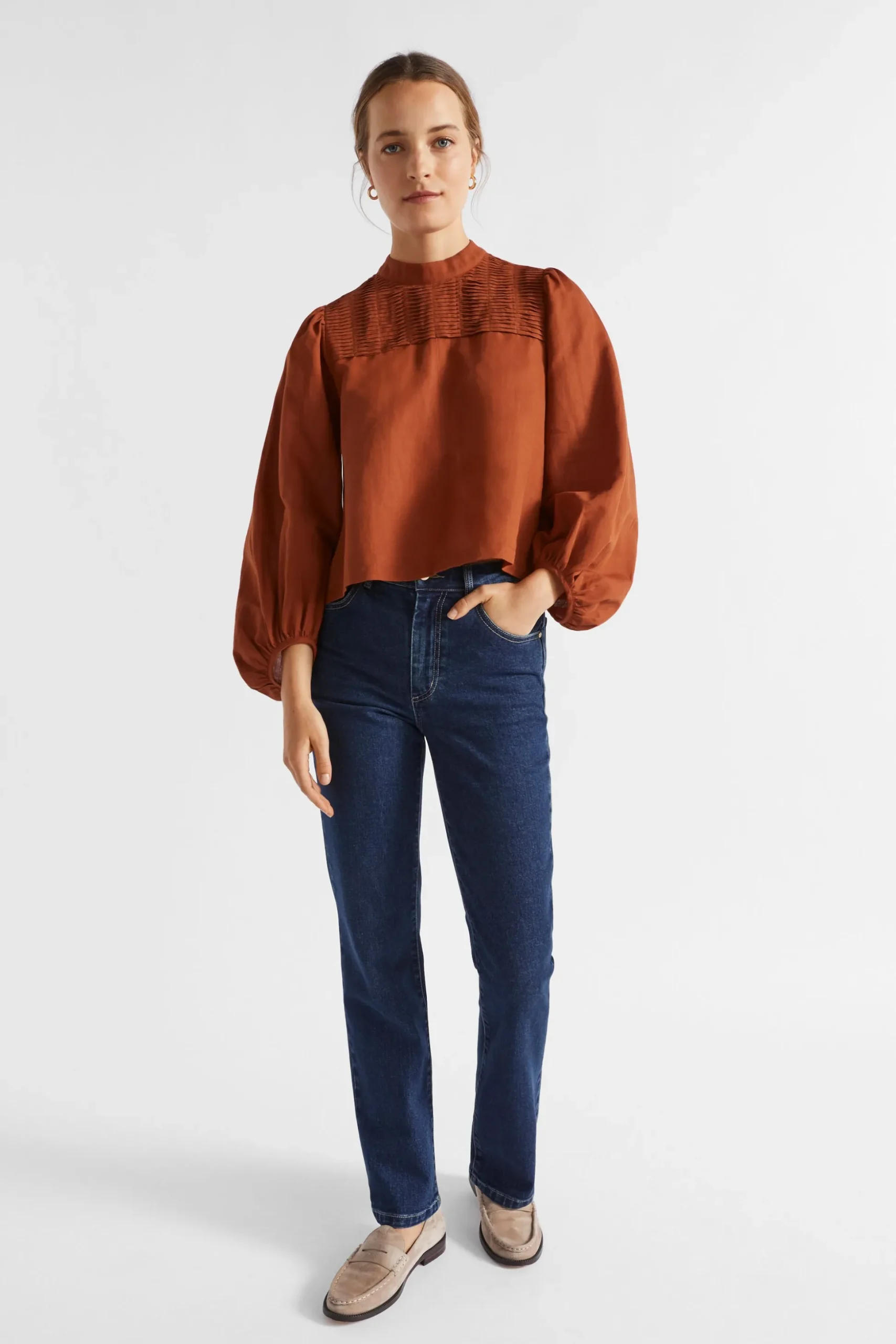 Seed Heritage T-Shirts & Tops-Linen Blend Pintuck Blouse Burnt Brick