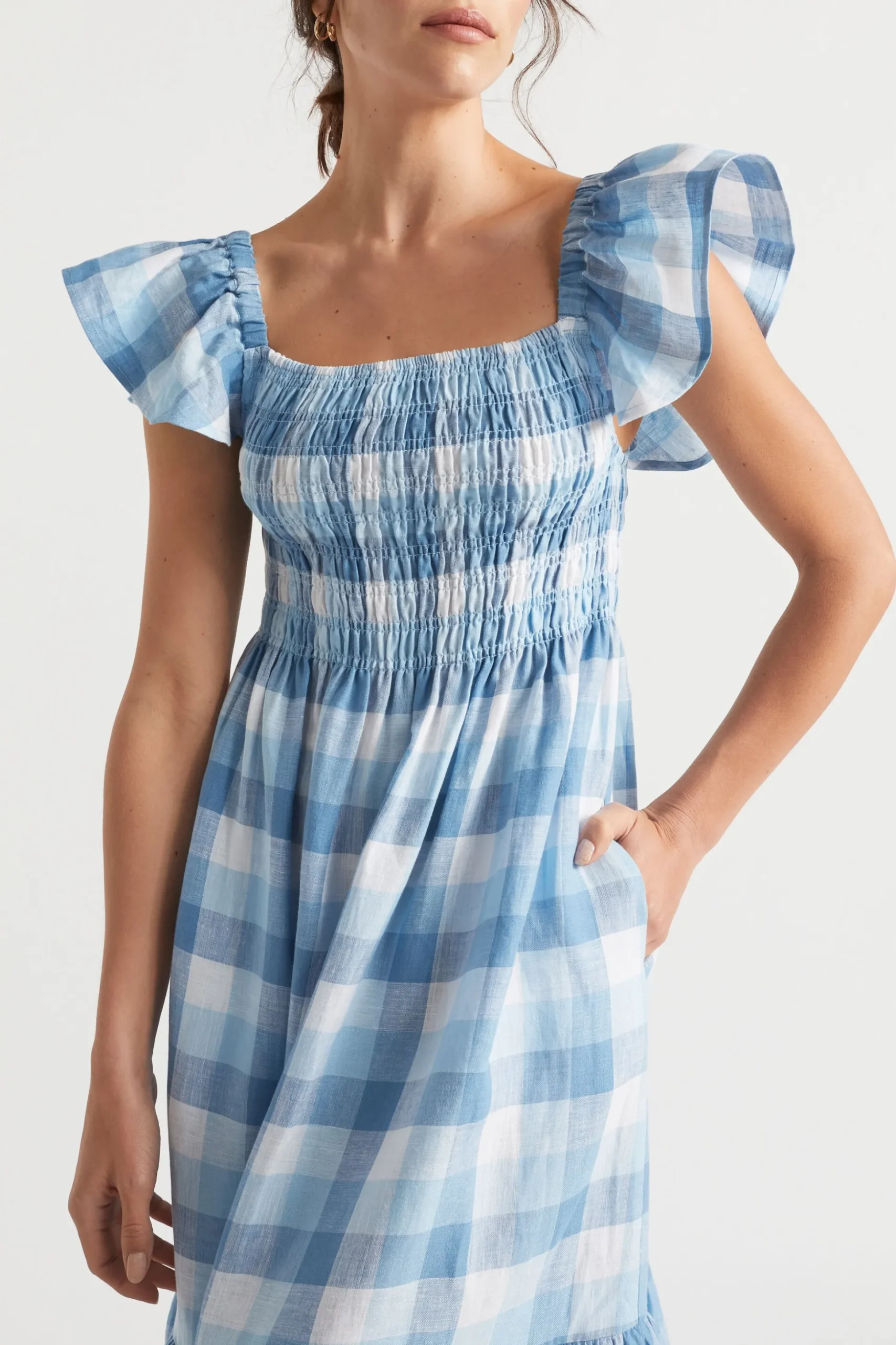 Seed Heritage Dresses-Linen Check Midi Dress Deep Navy Check