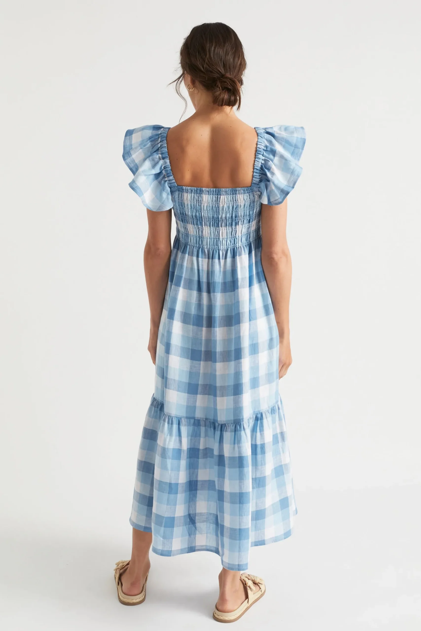 Seed Heritage Dresses-Linen Check Midi Dress Deep Navy Check