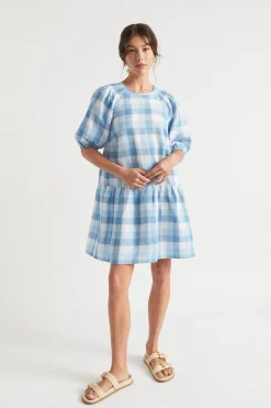 Seed Heritage Dresses-Linen Check Mini Dress Deep Navy Check
