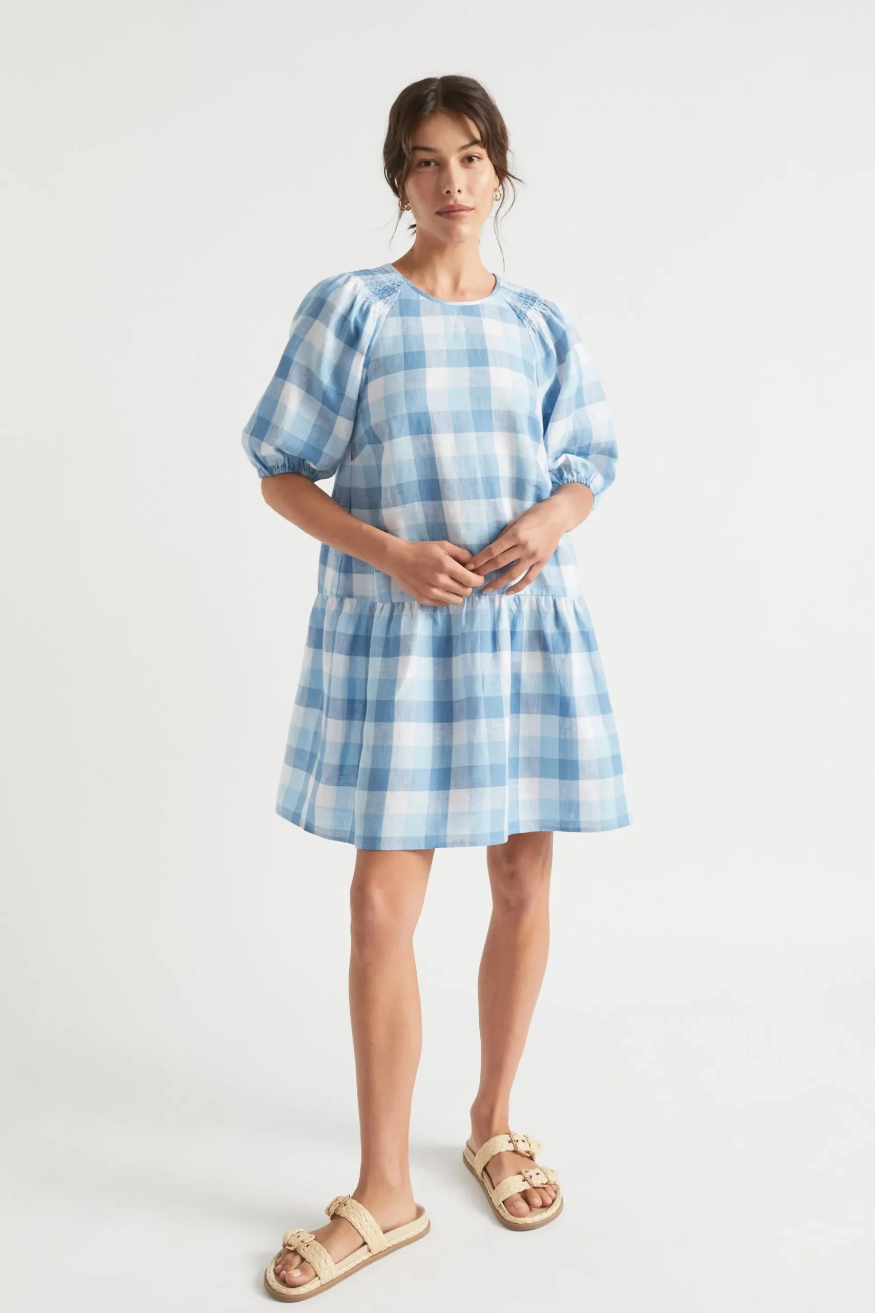 Seed Heritage Dresses-Linen Check Mini Dress Deep Navy Check