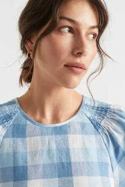 Seed Heritage Dresses-Linen Check Mini Dress Deep Navy Check