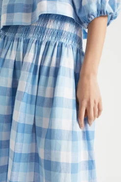 Seed Heritage Skirts-Linen Check Shirred Skirt Deep Navy Check