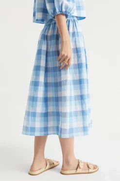 Seed Heritage Skirts-Linen Check Shirred Skirt Deep Navy Check