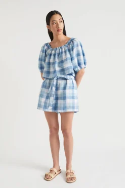 Seed Heritage T-Shirts & Tops-Linen Check Swing Top Deep Navy Check