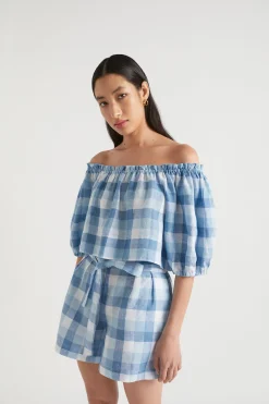 Seed Heritage T-Shirts & Tops-Linen Check Swing Top Deep Navy Check