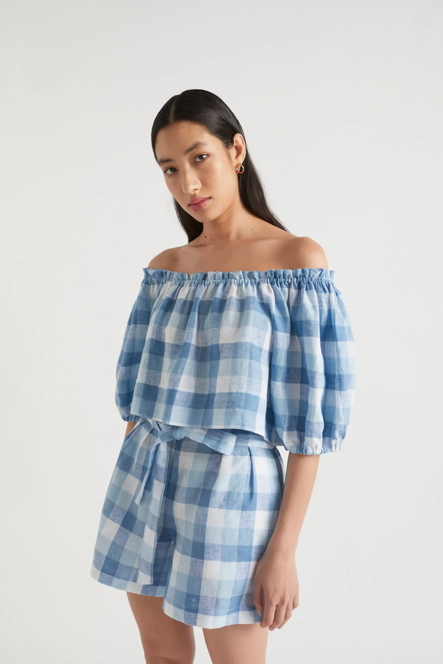 Seed Heritage T-Shirts & Tops-Linen Check Swing Top Deep Navy Check