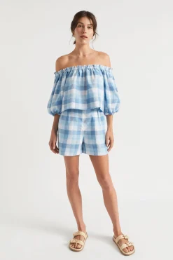 Seed Heritage Shorts-Linen Check Tie Short Deep Navy Check