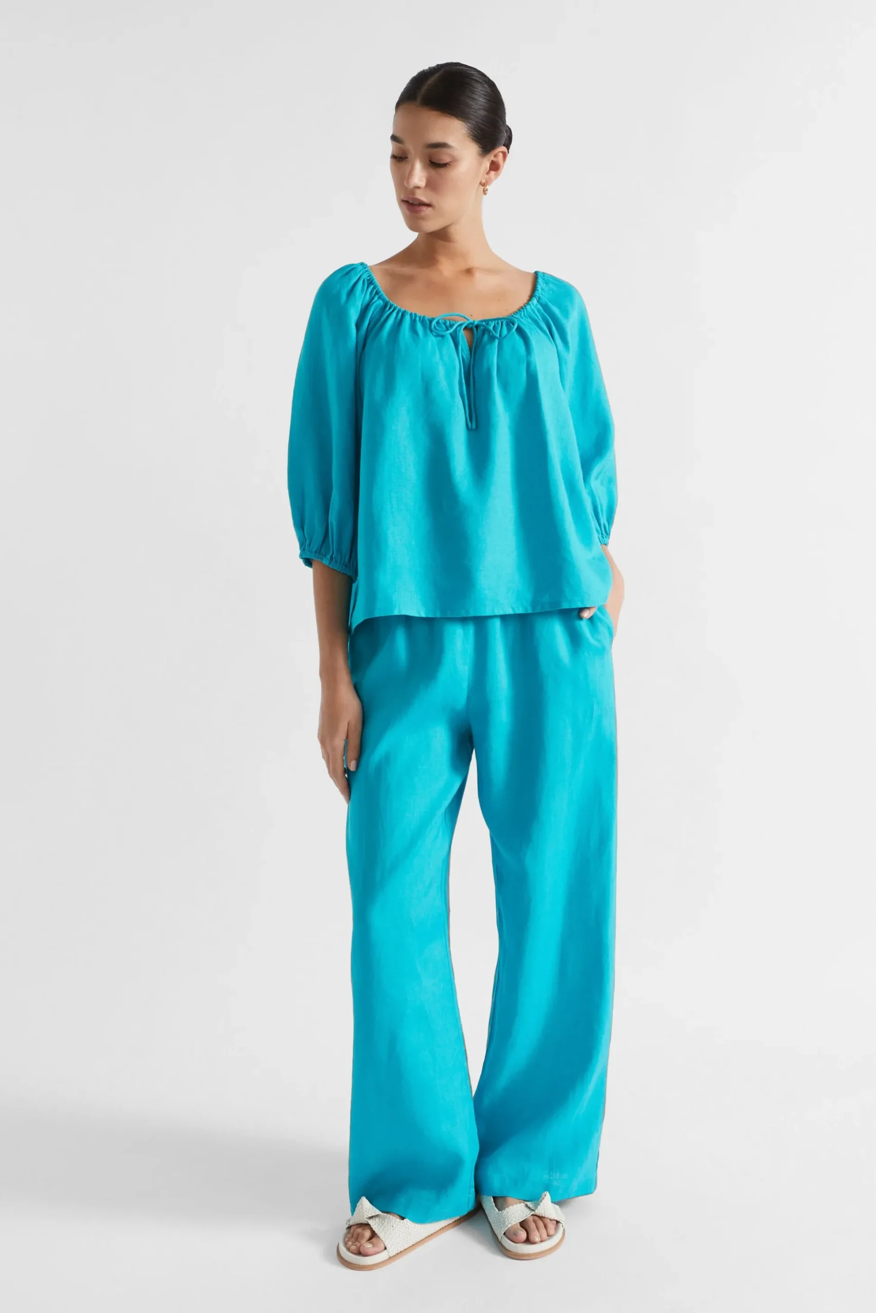 Seed Heritage T-Shirts & Tops-Linen Drawstring Top Peacock Blue