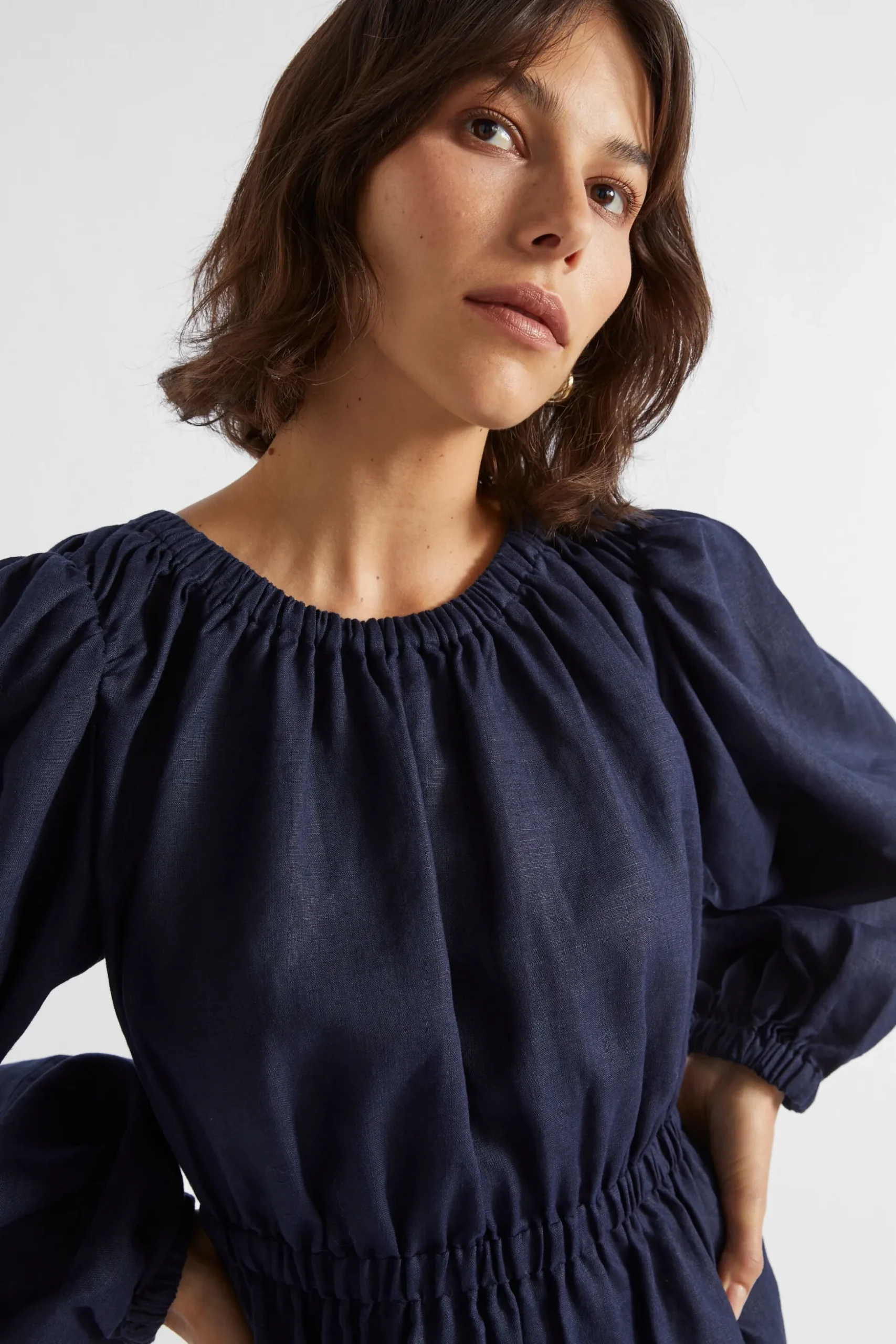 Seed Heritage Dresses-Linen Elasticated Mini Dress Midnight Sky