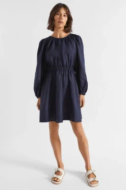Seed Heritage Dresses-Linen Elasticated Mini Dress Midnight Sky
