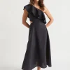 Seed Heritage Dresses-Linen Fitted One Shoulder Midi Dress Deep Navy