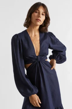Seed Heritage Dresses-Linen Knot Front Midi Dress Midnight Sky