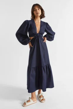 Seed Heritage Dresses-Linen Knot Front Midi Dress Midnight Sky