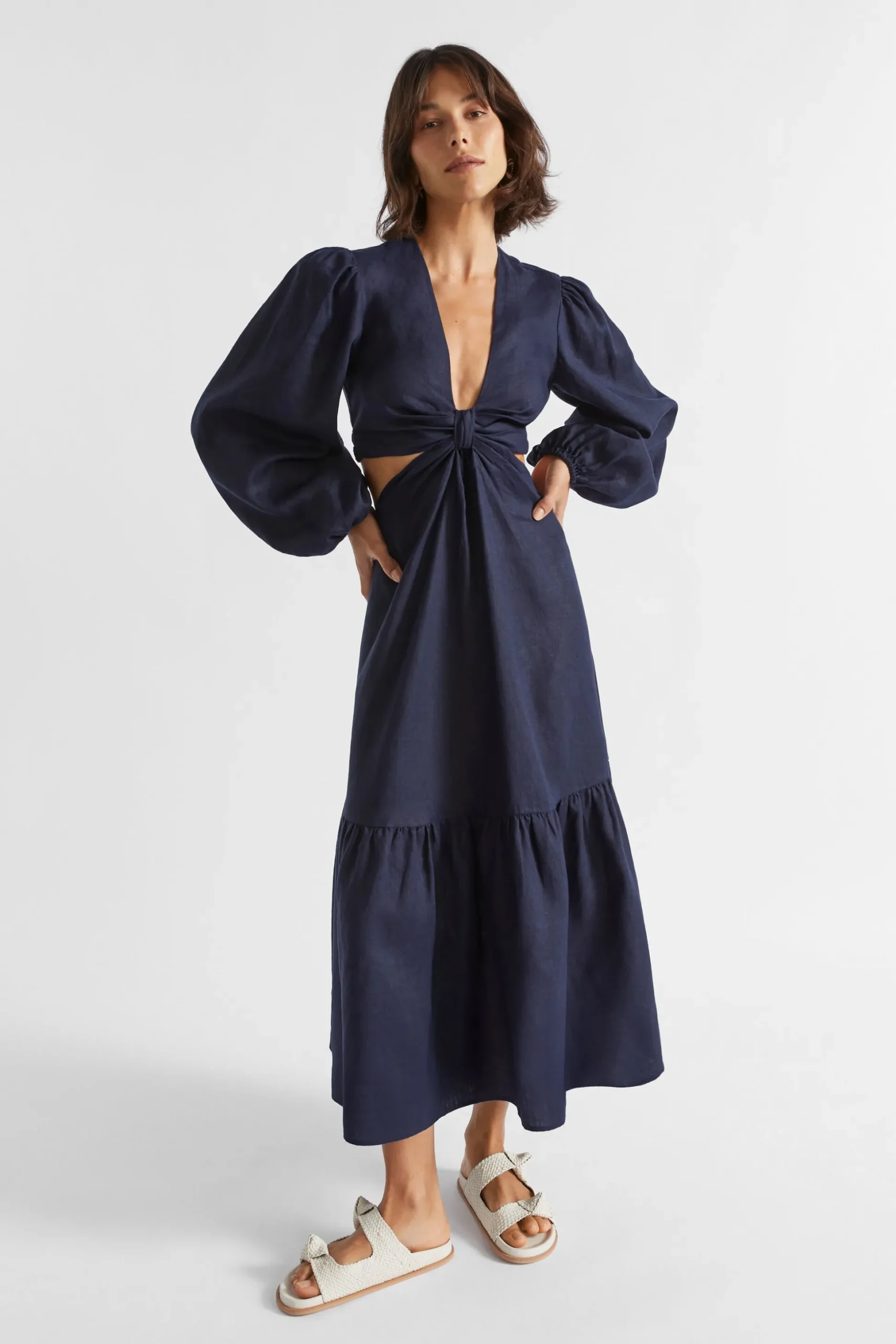 Seed Heritage Dresses-Linen Knot Front Midi Dress Midnight Sky