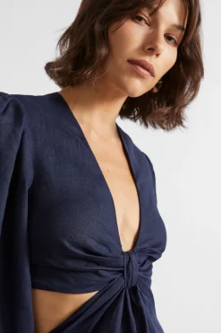 Seed Heritage Dresses-Linen Knot Front Midi Dress Midnight Sky
